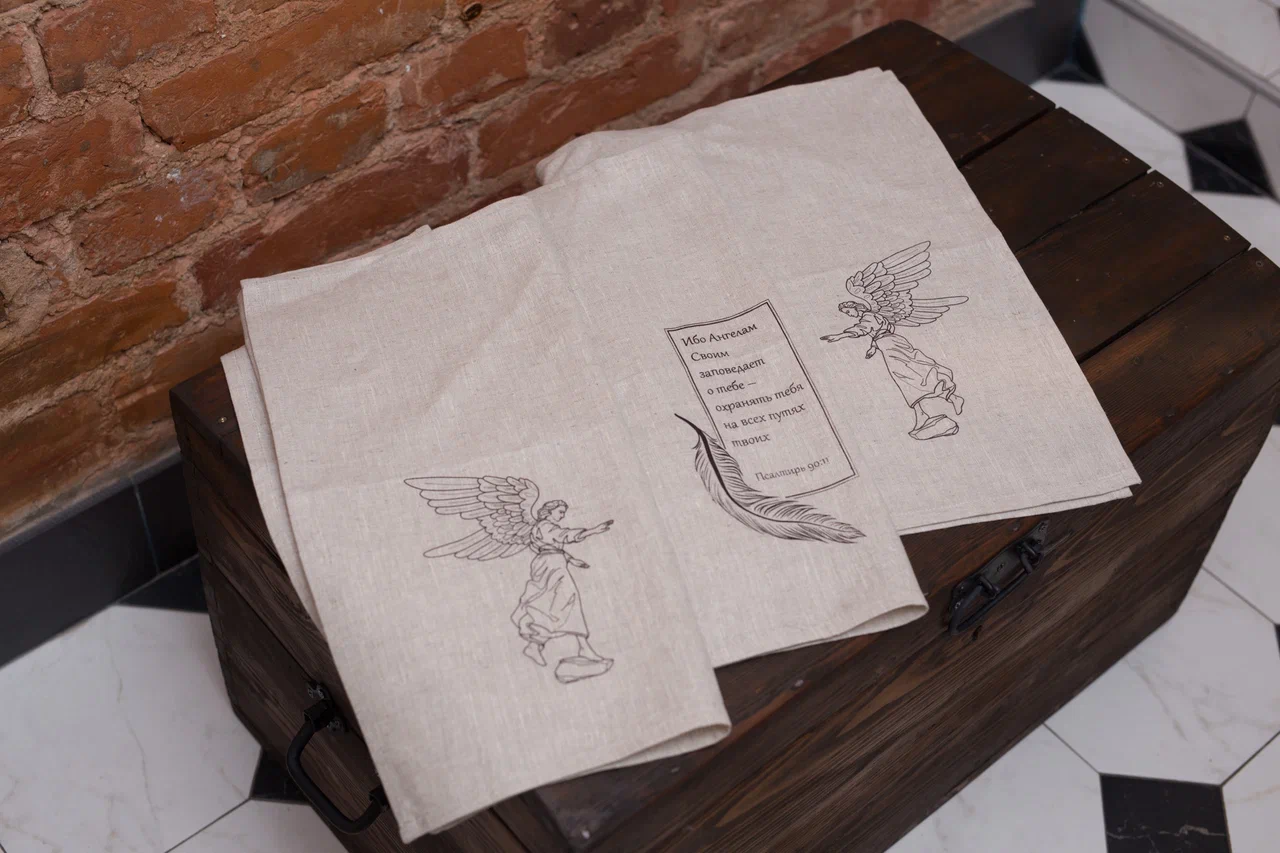 Набор льняных кухонных полотенец с печатью «Ангел», 3 шт.