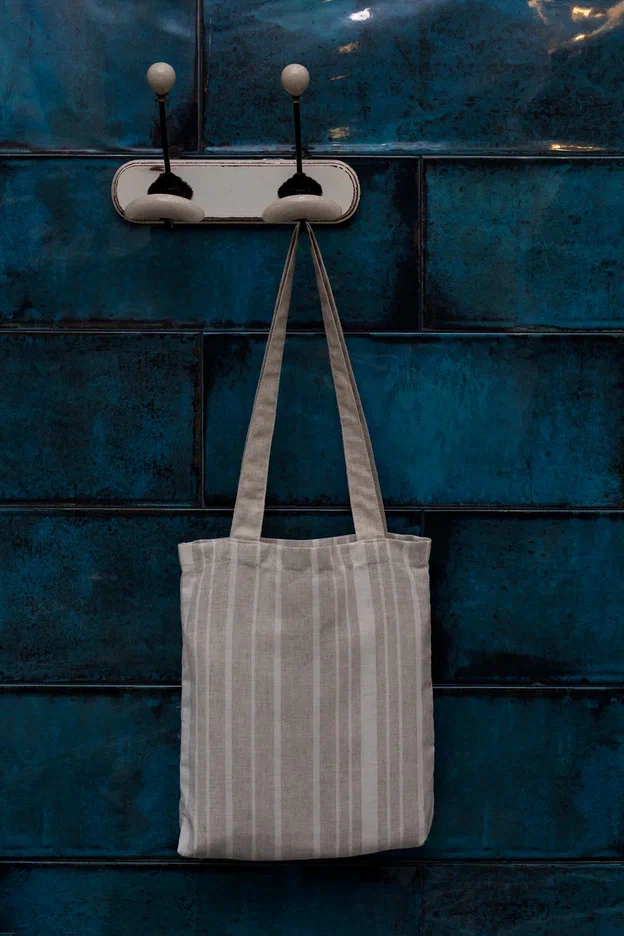 Льняной эко-шопер с длинной ручкой, разная полоса — фото 2
