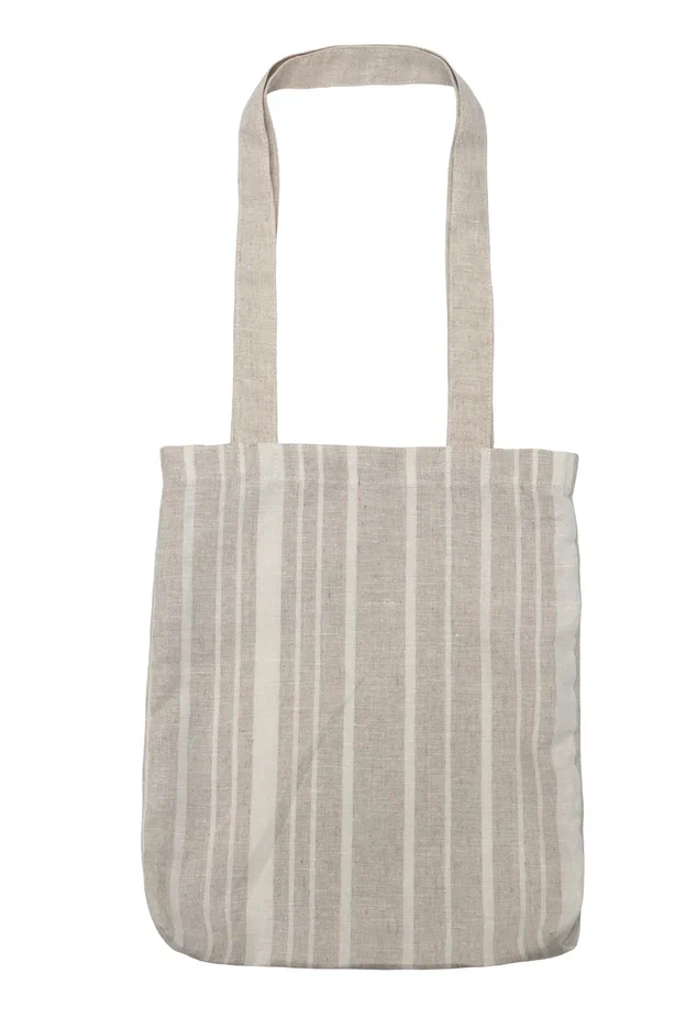 Льняной эко-шопер с длинной ручкой, разная полоса — фото 1